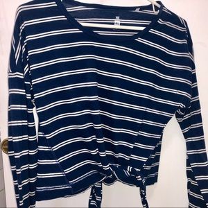 Striped Dark Blue Front Tie Long Sleeve Shirt